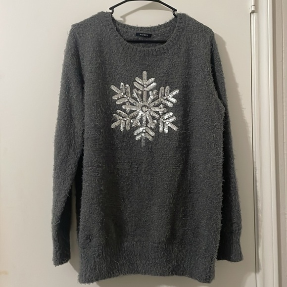 Avon Gray Crew Neck Sweater with Snowflake Design Size L - Picture 4 of 8